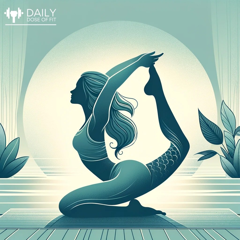 Illustration of an individual in the final Mermaid Pose, demonstrating balance and grace in a tranquil yoga setting.