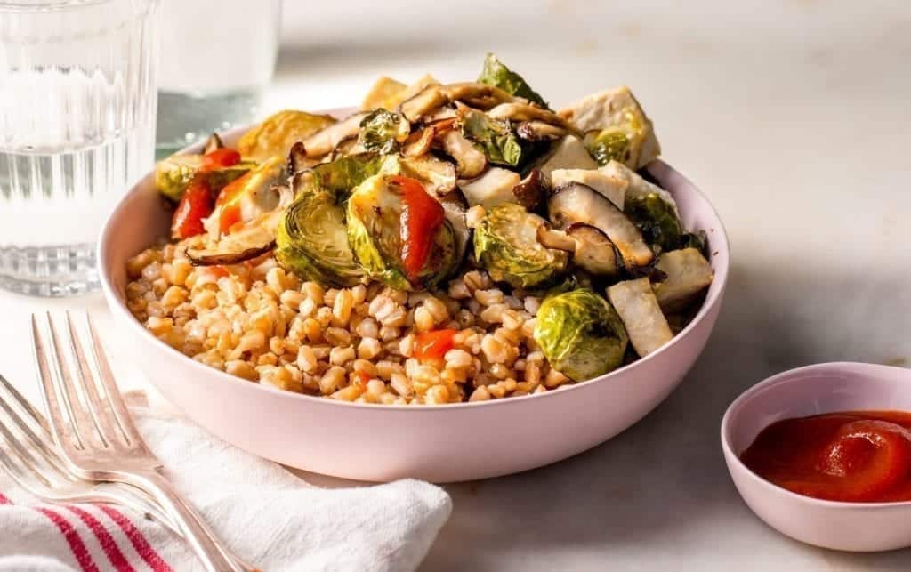 Mushrooms, Brussels Sprouts & Tofu Grain Bowls
