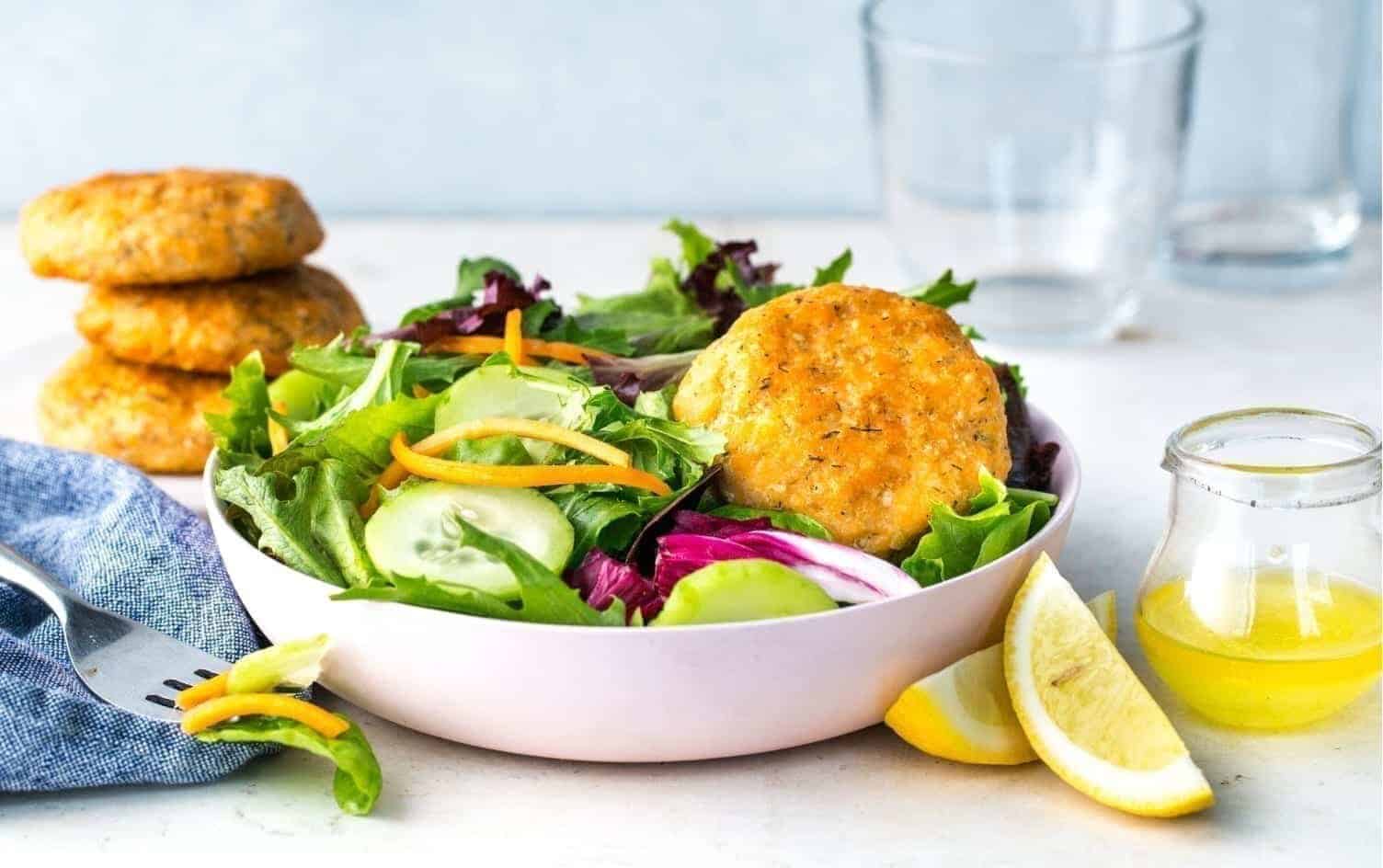 Salmon Cakes on Mixed Greens